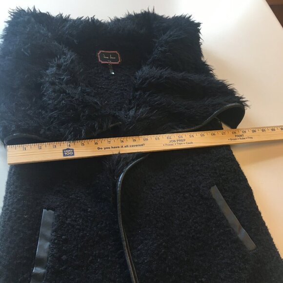 Love Tree Shearling Vest Large Black Faux Fur Vegan Leather Trim Open Front - Picture 6 of 9